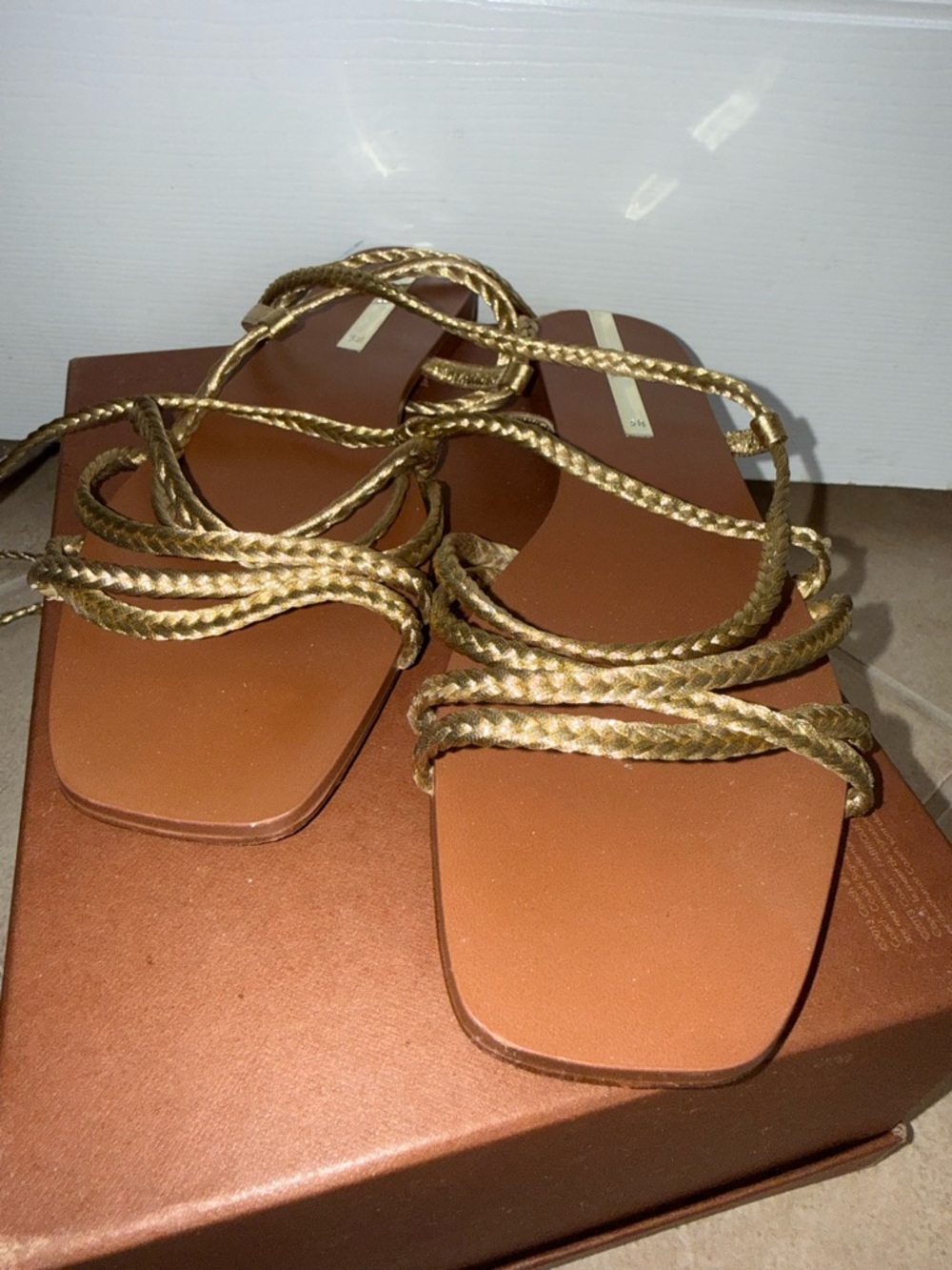 Zara Gold Braided Lace-Up Flat Sandals - Picture 5 of 7